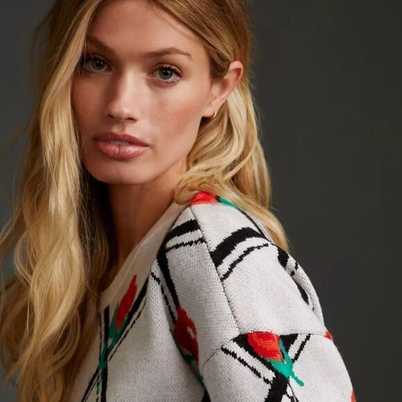 Anthro XXSP Maeve White Oversized Crop Crewneck Trellis Floral Pullover - Picture 6 of 17